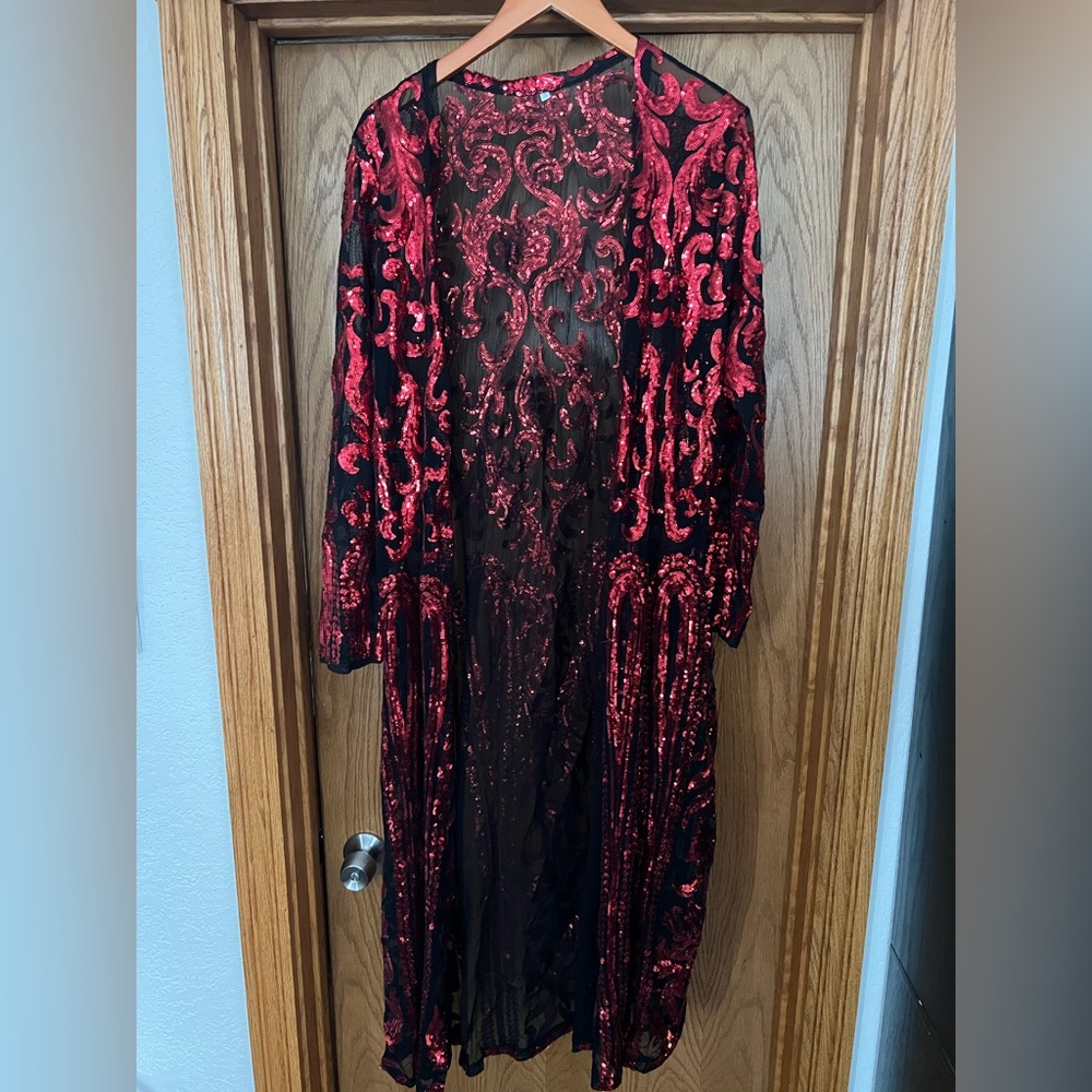 Red and Black Sheer Long Sleeve Cardigan